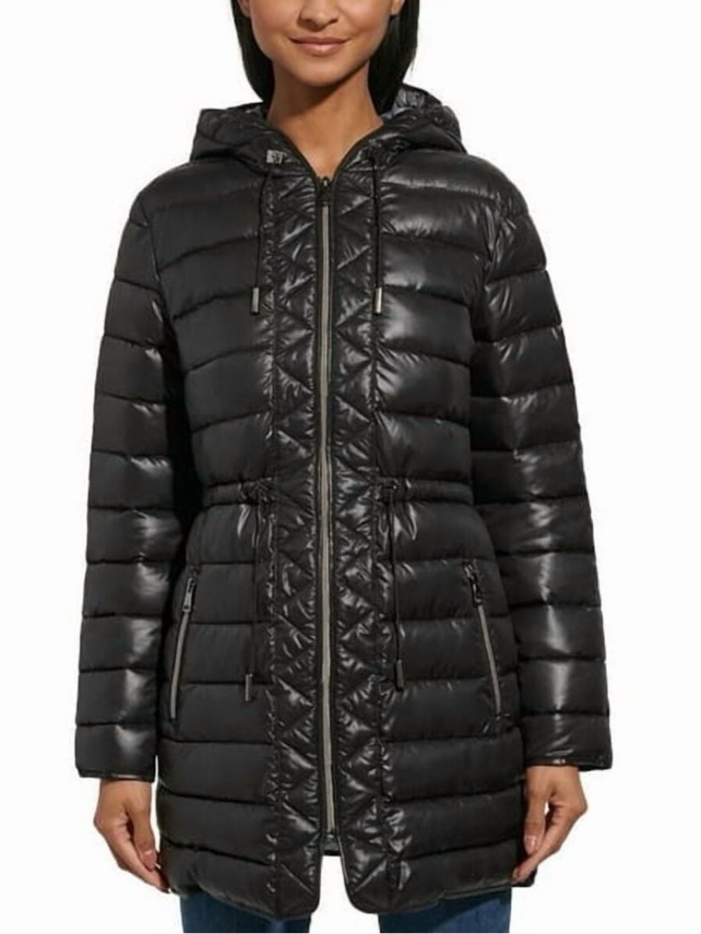 Kenneth Cole Women’s Hooded Quilted Long Anorak Puffer Jacket Coat Black Medium
